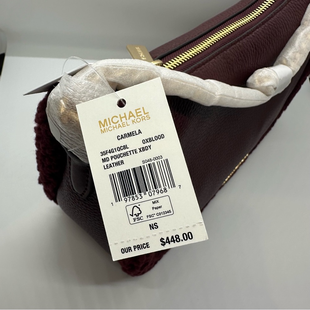 NWT Michael Kors | Oxblood Shearling Carmela Pebbled Leather Pochette Bag $448 - Picture 5 of 7